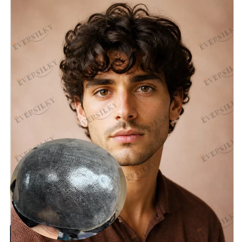 Cheapest 0.1mm Thin Skin PU Base 100% Human Hair Natural Hairline 28mm Curly Hairloss Men Toupee Durable Brown Grey Hairpieces