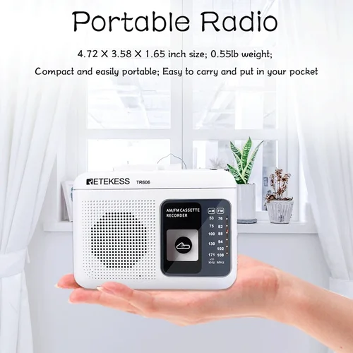 Imagen 2 del producto Retekess TR606 Radio de reproducción de casete blanco FM/AM grabadora de voz portátil compatible con micrófono incorporado/externo grabación USB C
