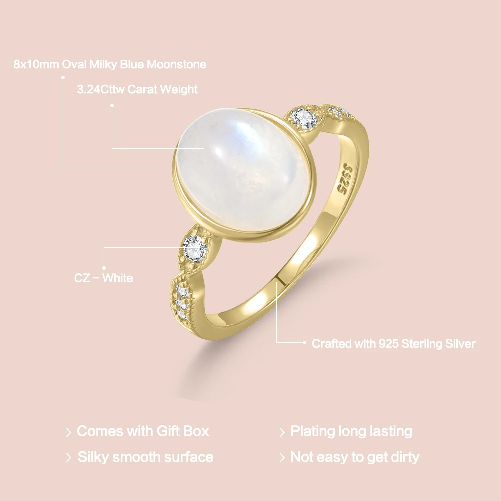GEM'S BALLET Oval 8x10mm 3.24CT Milky Blue Moonstone Cocktail Ring in 925 Sterling Silver Gold Plated  Gift For Her