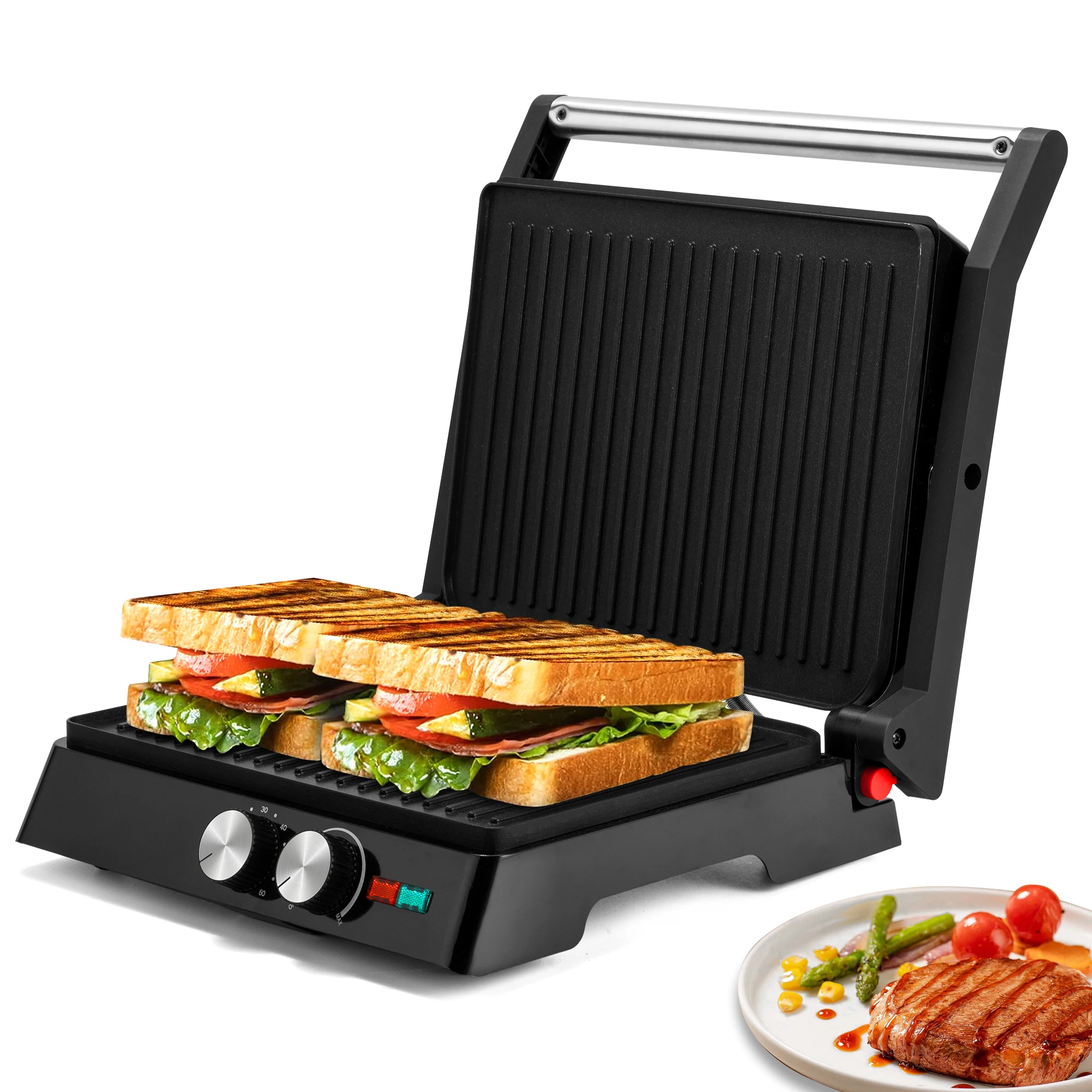 Stainless Steel Electric Panini Press Grill Non-Stick Sandwich Maker with Adjustable Temp Control Black