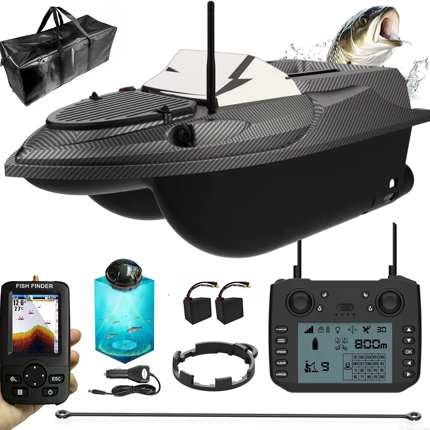 Flytec V080 Por Fischfinder-Version GPS-Fernbedienung Köderboot 800m Reichweite 12V 20000mAh 550 Doppelmotor Wasserkühlung Automatische Rückkehr 9 Angelplätze mit 180 festgelegten Punkten Speziell für