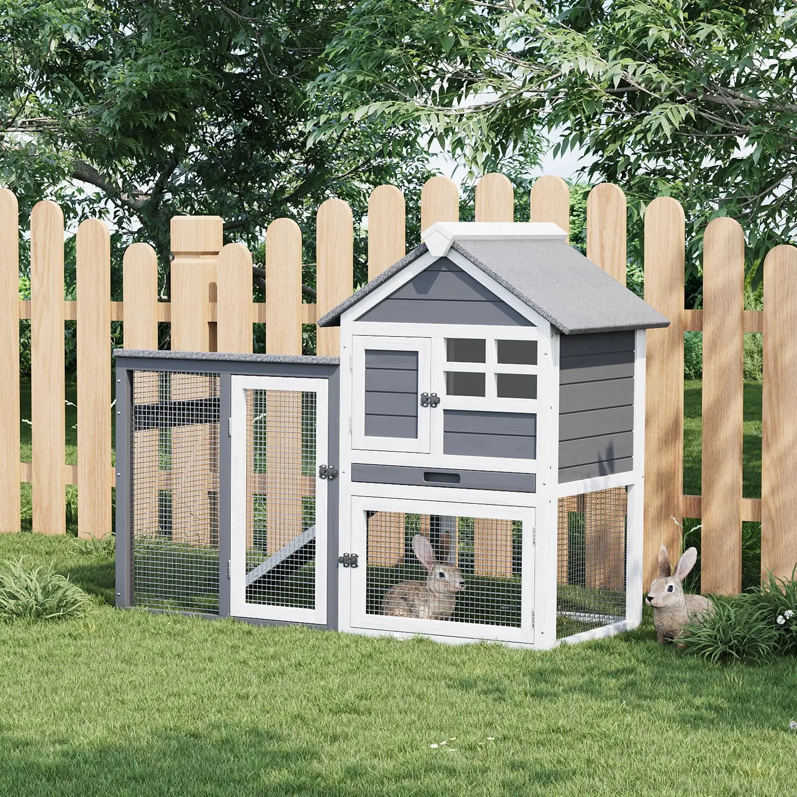 Cage pour petits animaux à 2 niveaux, en bois, 122 × 62 × 93 cm, plateau amovible résistant aux intempéries, rampe, portes verrouillables, toit imperméable, conception surélevée, utilisation intérieure et extérieure