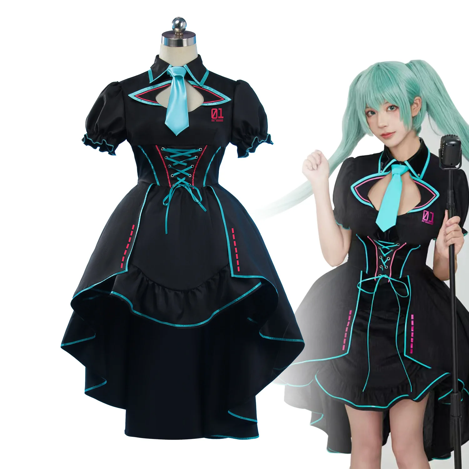 

Project Sekai Miku Cosplay Costume Black Gothic Dress Coloful Stage Uniform Lolita Corset Dress For Anime Con