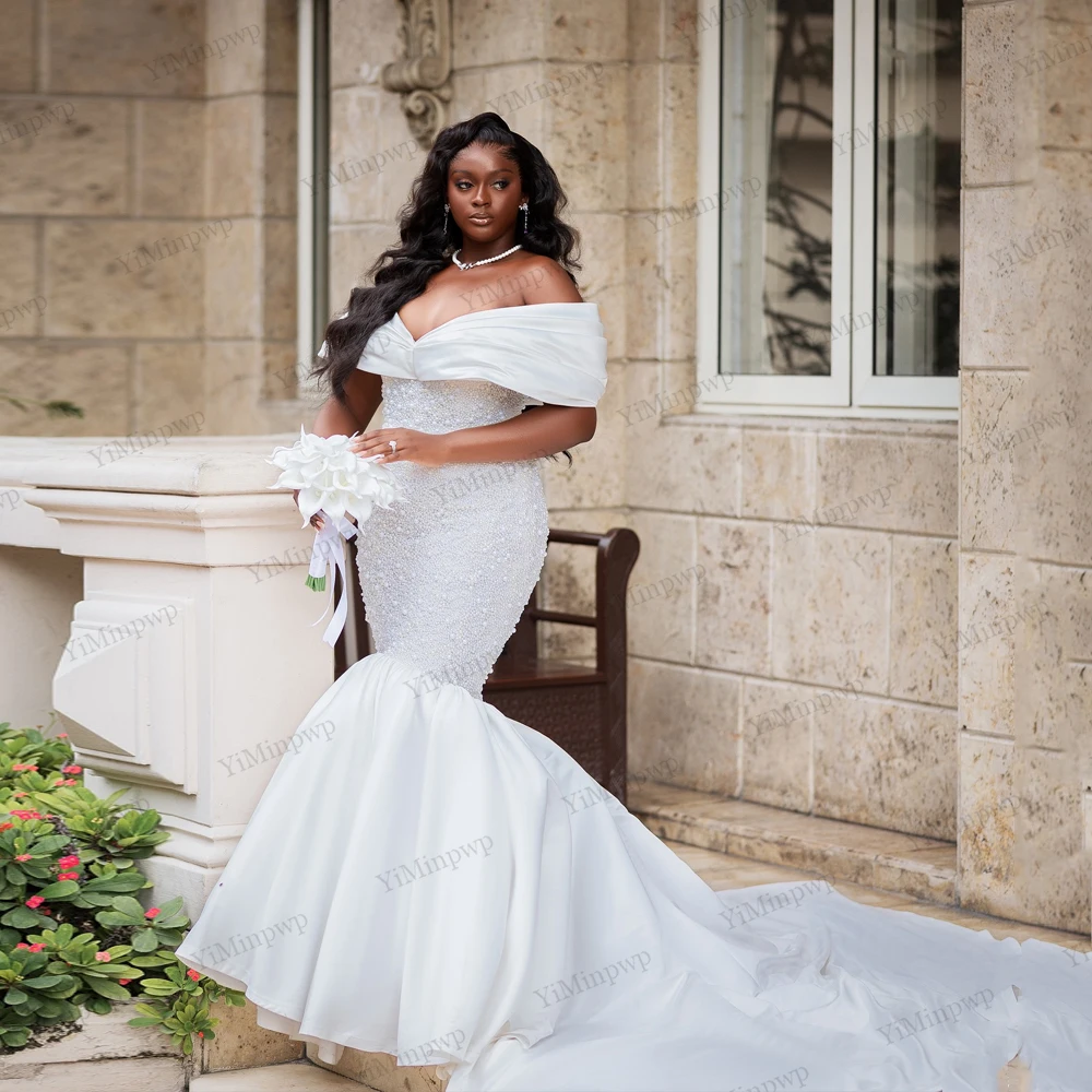 فساتين زفاف أفريقية نيجيريا مطرزة 2026 بدون أكتاف حورية البحر فيستدو دي نوفيا برينسيسا مقاس كبير سويب تراين مخصصة #5