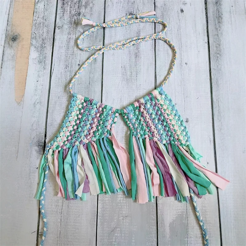 手作りのクロシェビキニトップブラカバーアップセクシーホルターレースアップタッセルニット水着ベスト女性用水着