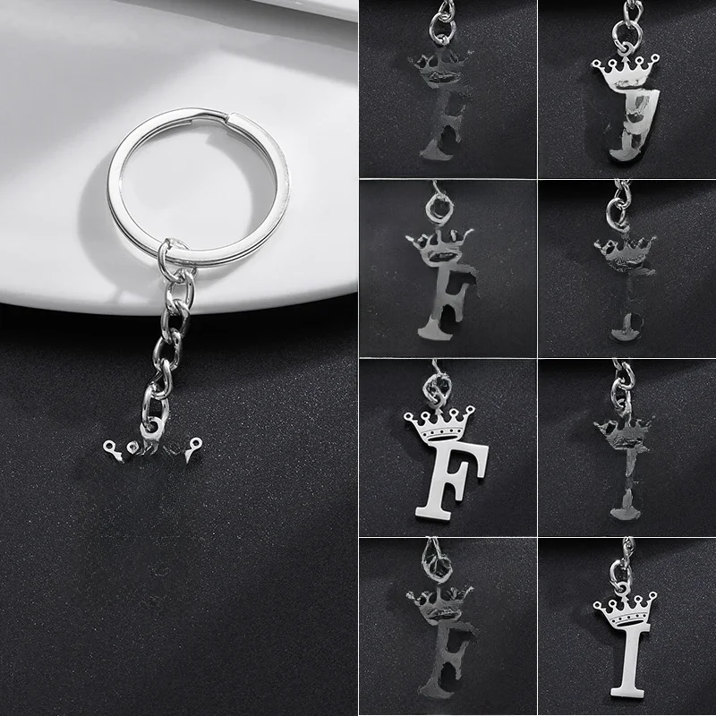 Unique bricolage couronne en acier inoxydable A-Z lettres pendentif porte-clés pour hommes femmes 26 Alphabet voiture porte-clés nom bijoux porte-clés cadeau