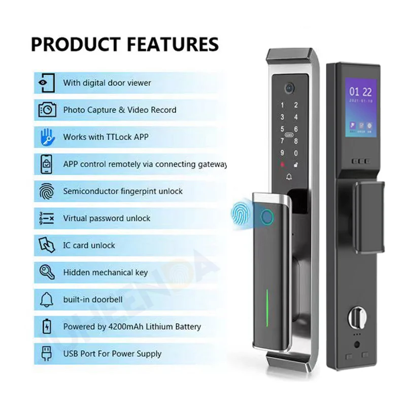 Digital Password Automatic Biometric Fingerprint Smart Lock With Camera, TTlocK App Bluetooth Home Security Electronic Door Lock