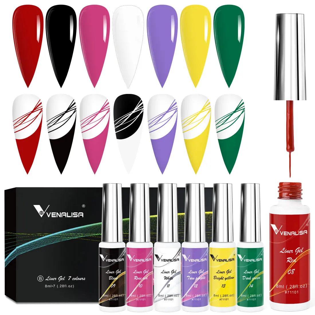 VENALISA Liner Gel 8ml 7Color Kit French Gel Nail Art Design Super Brush Glitter Neon Color Painting Gel Easy Apply Drawing Gel