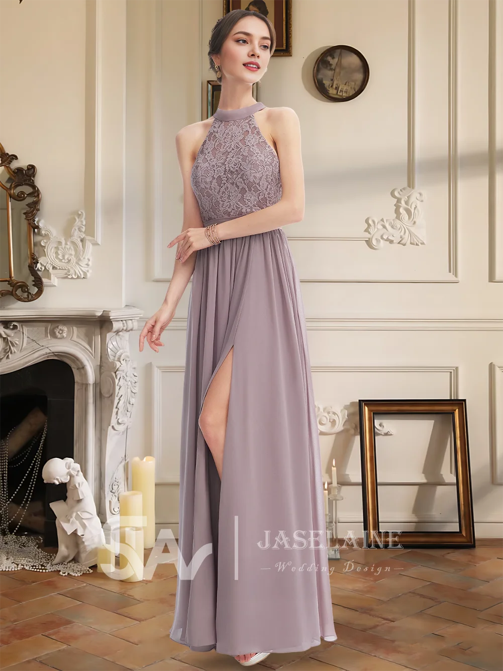FGJ Bridesmaid Dresses 2026 A-Line Halter Neck Floor-Length Chiffon Lace Leg Slit Wedding Guest Evening Party Cocktail Dress