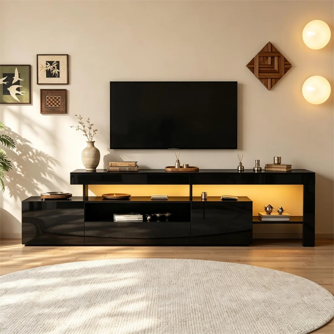 192 cm modern tv-meubel met hoogglans afwerking, met meerdere opbergvakken, zwarte lowboard consoletafel geschikt voor 85 inch televisie