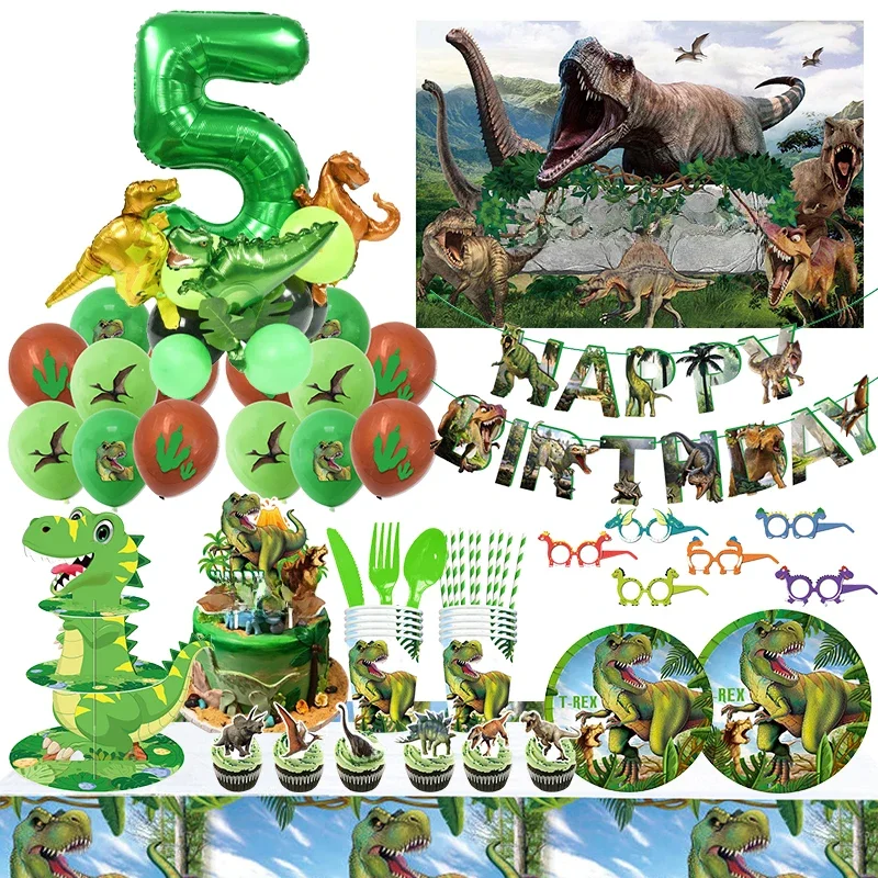 Świat jurajski Dinozaur Dekoracje urodzinowe Tyranozaur Rex Obrus Kubek papierowy Talerze Balony dinozaurów Ulubione dzieci — zdjęcie 2