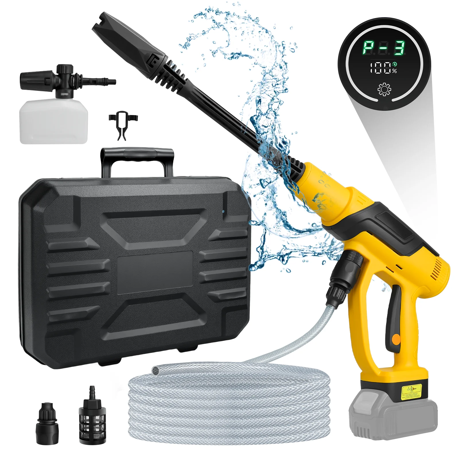 Cordless Pressure Washer 380W Brushless Portable High-Pressure Car Washer Gun 653PSI 3-Speed for Dewalt 20V Battery (No Battery)