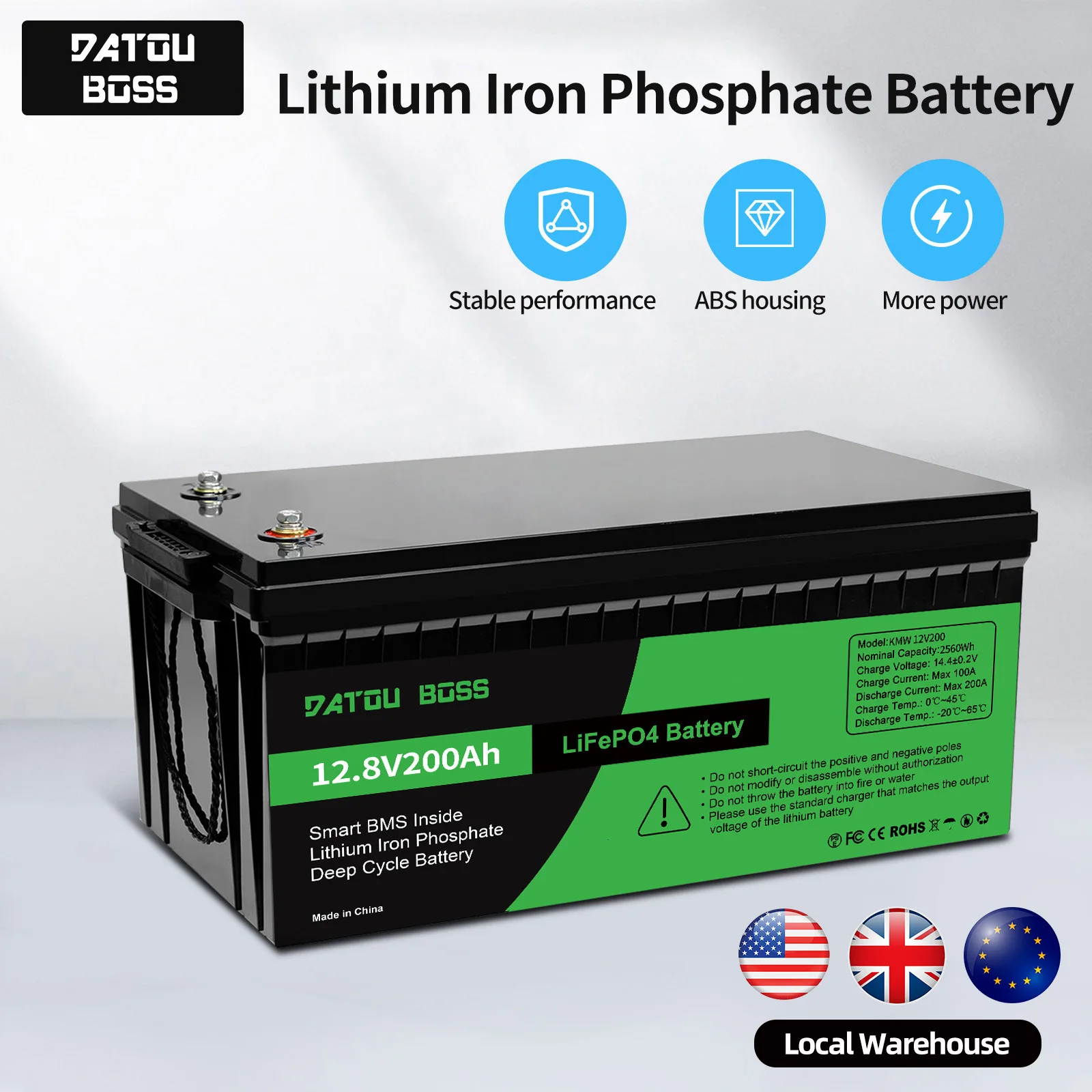 DATOUBOSS 12V Lithium Battery 200AH Nominal Capacity 2560W LiFePO4 Battery With BMS  Solar Portable Rechargeable Deep Cycle