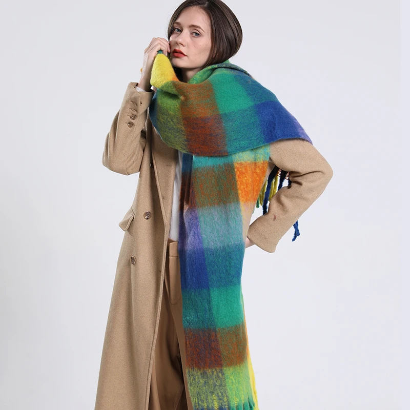 2023 inverno spessa sciarpa calda donna scialle e avvolge in Cashmere Pashmina fazzoletto da collo Bufanda femminile arcobaleno peloso Tessel