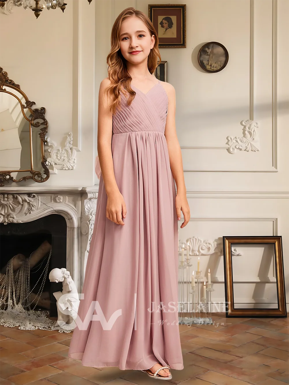 エレガントな A ライン V ネック床長さのシフォンジュニアブライドメイドドレスダスティローズフラワーガールドレスガールズパーティー結婚式フォーマル