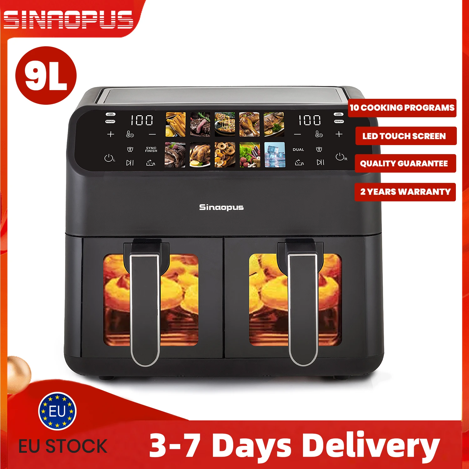 Friteuses à air multifonctions à double panier, 9l, machine intelligente, fenêtre de visualisation, friteuse électrique, cuiseur sans huile avec commande tactile LED