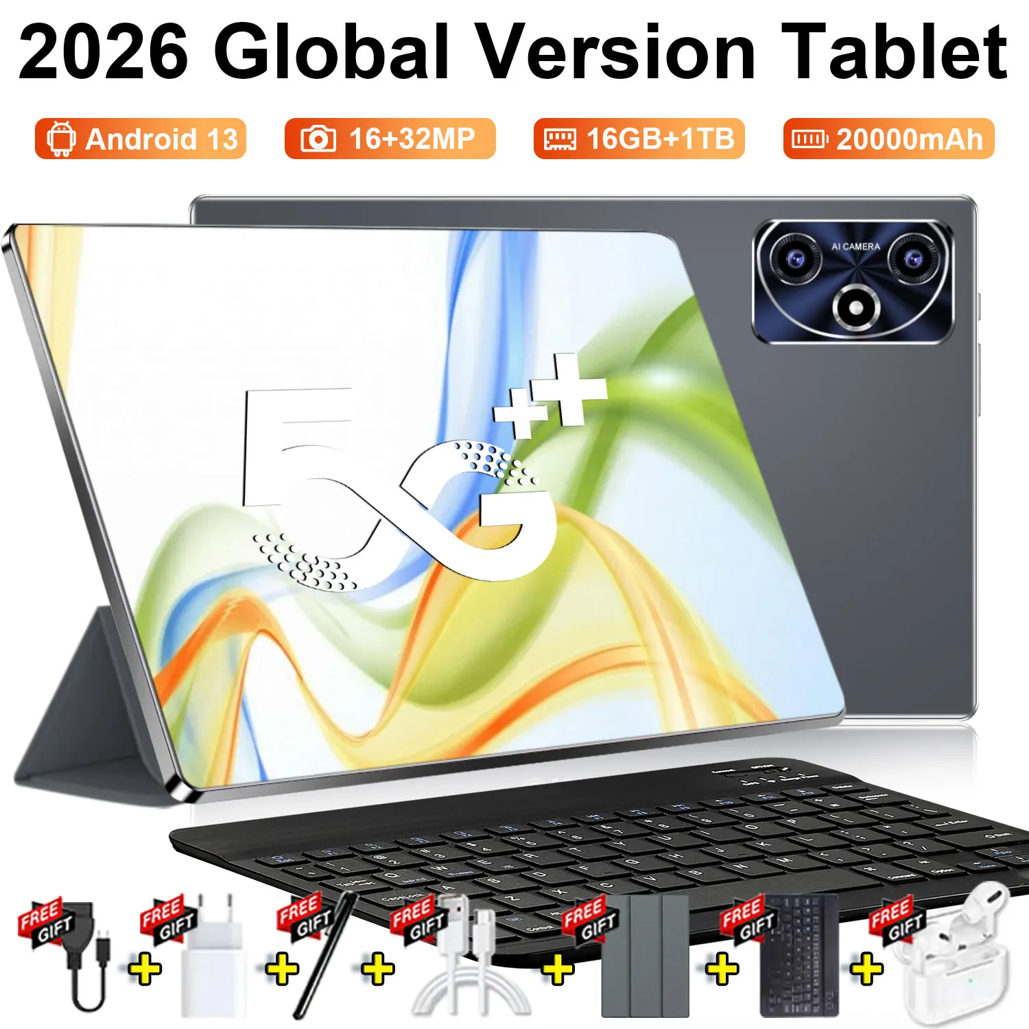 Tablet Global Android 13 HD de 10.36 Pulgadas, 14 Núcleos, 16 GB + 1 TB, 5G, Doble SIM, 20000 mAh, Bluetooth, GPS, Cámara de 16 MP + 32 MP, WPS Office, Tablet PC