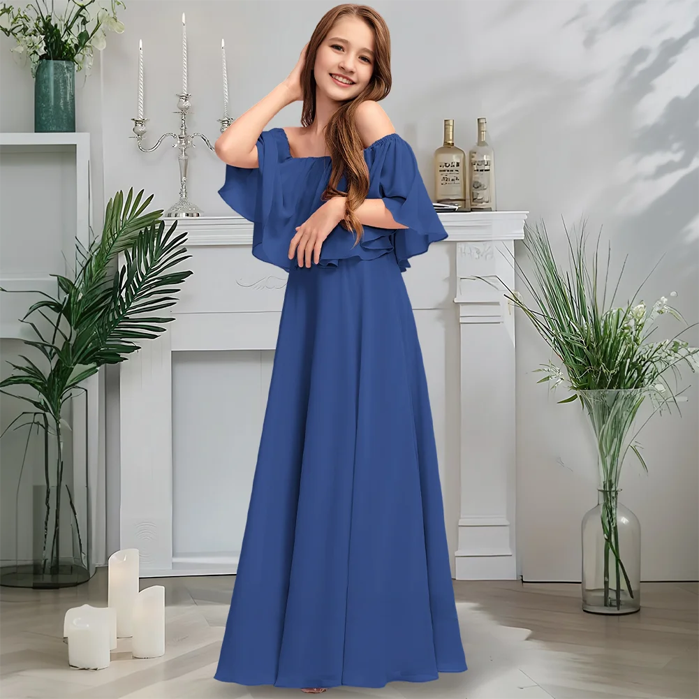 

Luxurious Off Shoulder Junior Bridesmaid Dress Antique Mauve Flower Girl Dress Floor-Length Chiffon With Cascading Pleats