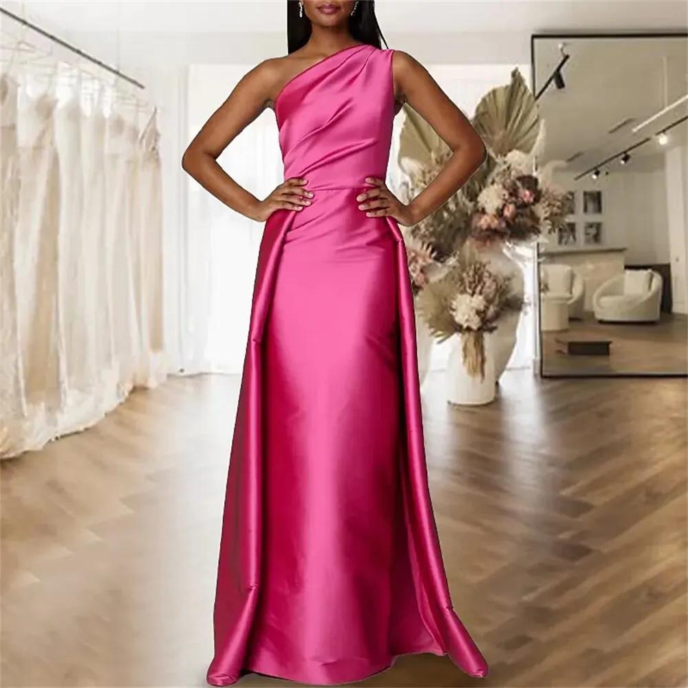 Women's One Shoulder Satin Prom Dress With Pleated Vintage Long Zipper Luxurious Formal Evening Party Gown for Women