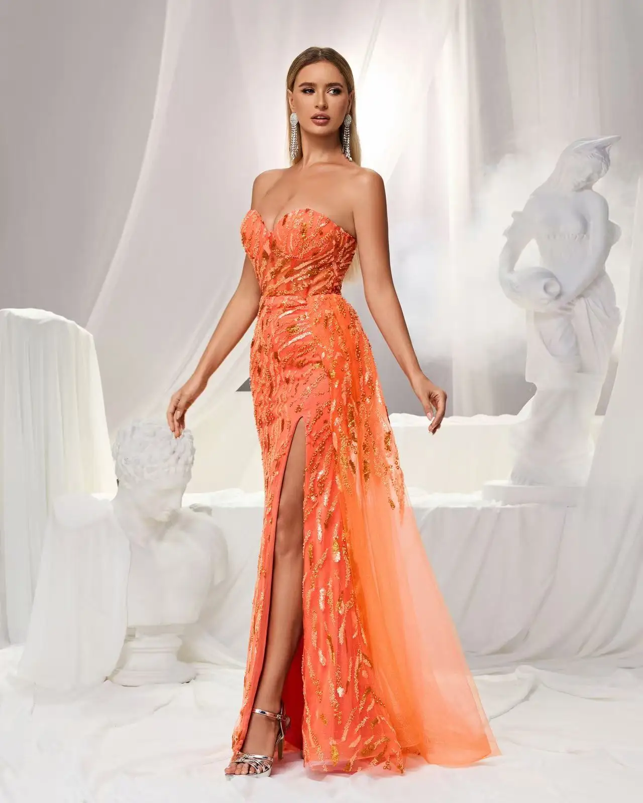 (SALE)Shalimar Zhang Orange Wanita A-Line Berlian Buatan Tangan Gaun Malam Tanpa Lengan Panjang Mewah untuk Wanita Pernikahan Disesuaikan