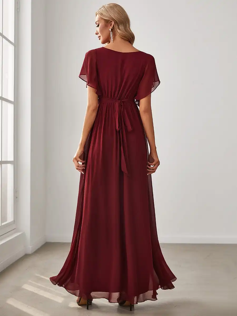 LoveDoris Bridesmaid Dress Chiffon Long Dress A-line Evening Prom Dress Short Sleeves Burgundy Wedding Party Dress