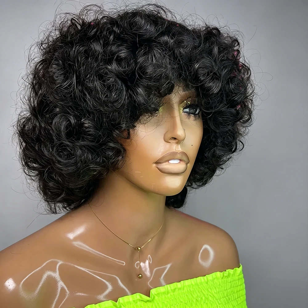 Perruque en cheveux humains vietnamiens avec frange, entièrement fabriquée à la machine, cheveux courts afro pour femme noire, perruques bouclées rebondissantes coupe pixie, perruques en cheveux humains pas chères en solde, perruque sans colle, perruque bob en cheveux humains sans colle, perruque prête à porter, boucles pixie 100% ℅   Cheveux humains