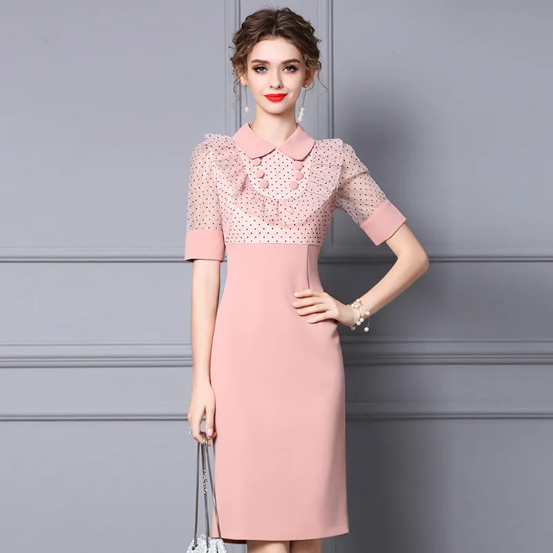 

Patchwork Gentle wind dress summer women high sense 2022 new doll collar polka dot pink high waist slim dress