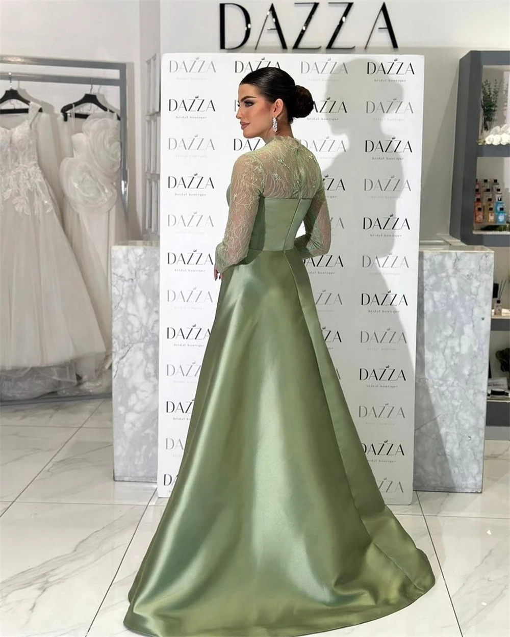 Sansa Maßgeschneiderte grüne lange Ärmel A-Linie elegante Ballkleider Illusion Spitze Vestidos De Noche bodenlangen formellen Abend 2025