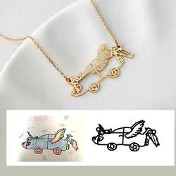 Custom Kids Drawing Handwriting Necklace Personalized Stainless Steel Children Artwork Pendant Mom Family Unique Gifts