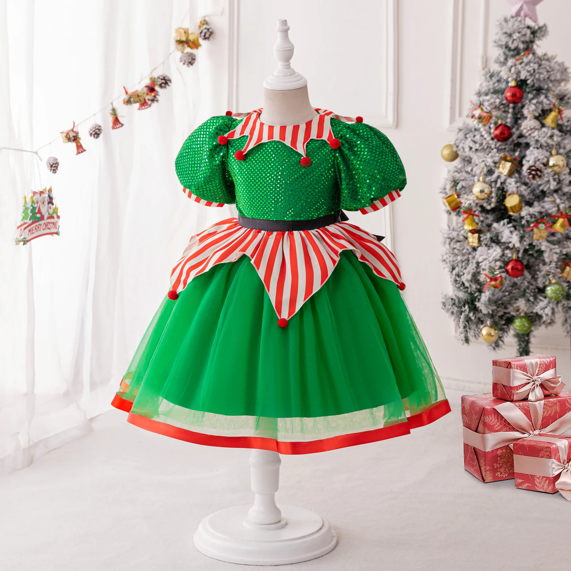 Mesh Christmas Party Stripe Tutu Dress Girls Green Puff Sleeve Carnival Dresses Kids Santa Claus Clothes Girl New Festival Gown