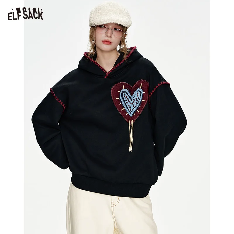 ELFSACK 2024 Winter New Arrivals White Heart Jacquard Shell Thread Hooded Plush Hoodie