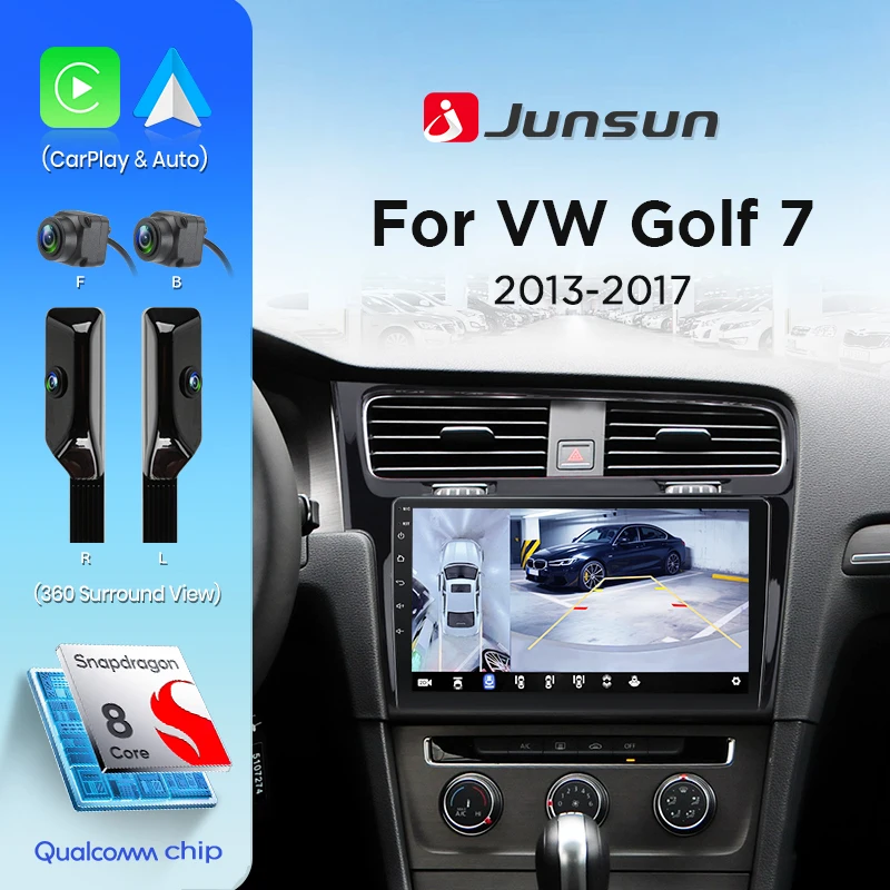 Autoradio Junsun 8 cœurs pour Volkswagen VW Golf 7 2013-2017 avec caméra 360 intégrée °   Autoradio avec écran IPS, caméra panoramique, CarPlay sans fil, Android Auto, 4G LTE, WiFi, navigation GPS, DSP, RDS, commande au volant, ventilateur de refroidissement, Plug & Play
