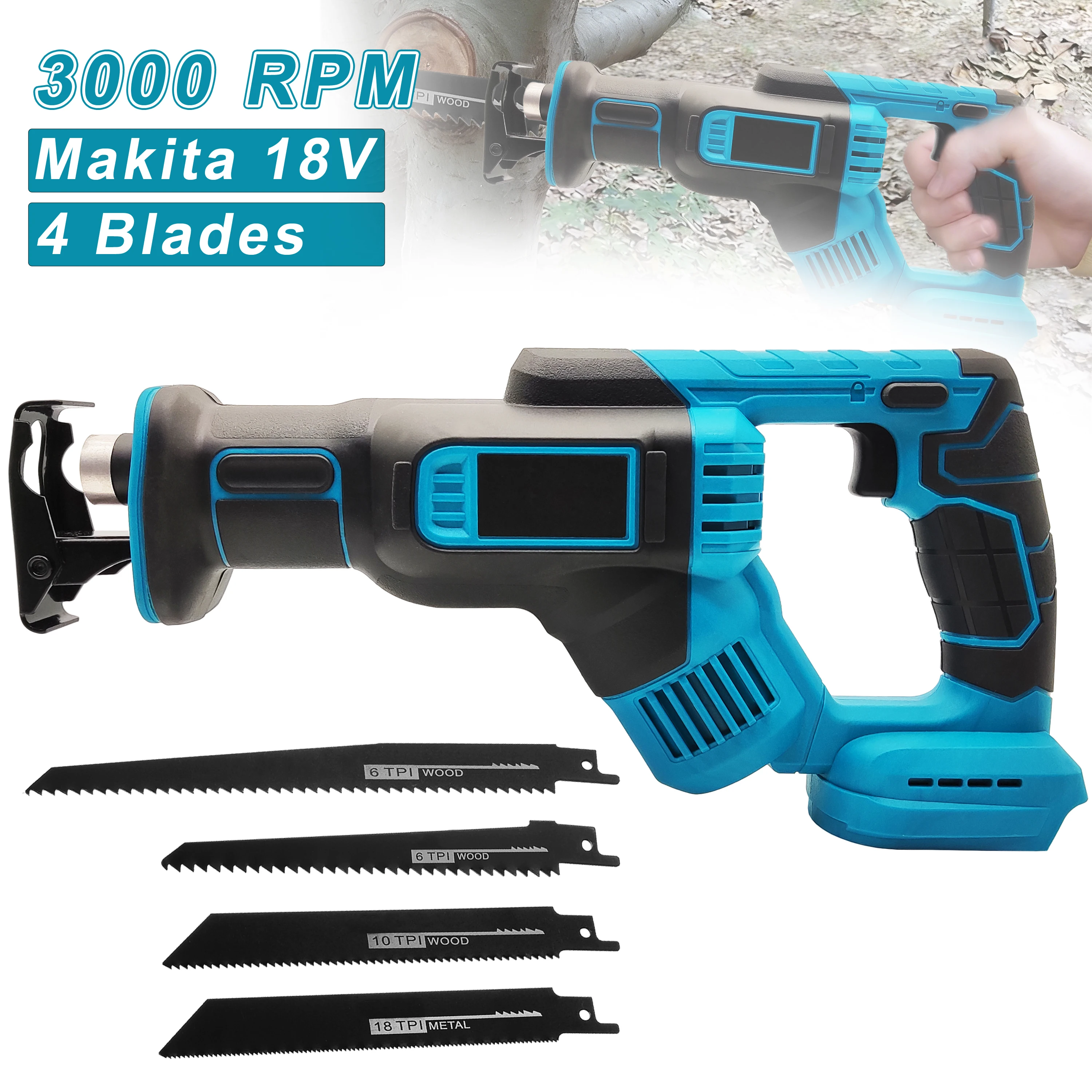 Sierra Recíproca Eléctrica Inalámbrica de Velocidad Variable de 3000 RPM/4000 RPM, Herramienta de Corte de Metal y Madera, Compatible con Baterías Makita