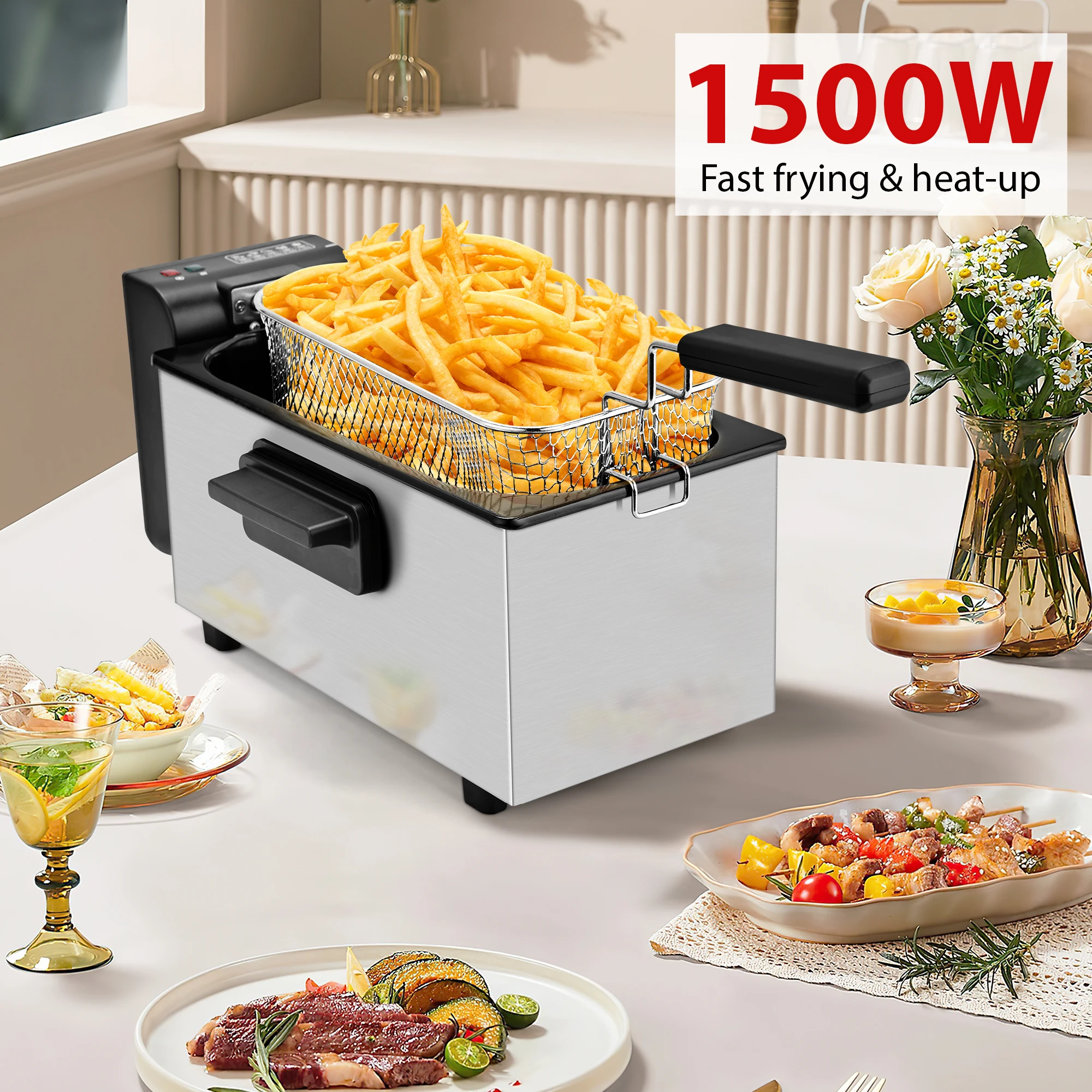 3L Stainless Steel Electric Deep Fryer with Removable Basket 1500W Adjustable Temperature Countertop Fryer for Home Use Cooking Crispy French Fries Chicken Onion Rings