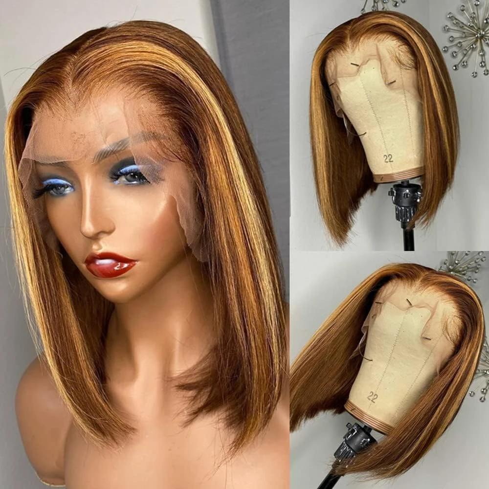 Peluca Bob corto 4/27 resaltado 13x4 peluca Bob frontal de encaje transparente pelucas de cabello humano 100% para mujeres pelucas de encaje ombré virgen brasileñas