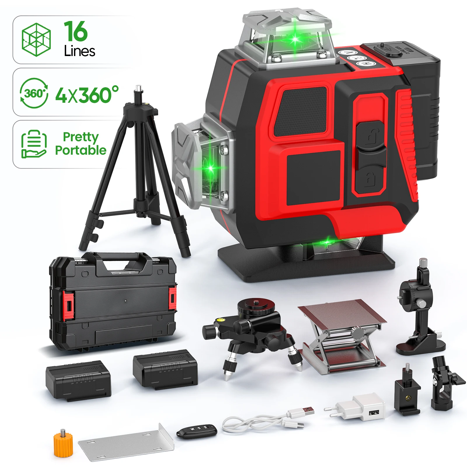 4D 16 Linien Superstarker grüner Laser-Nivellierer mit Selbstnivellierung, 360-Grad-Horizontal- und Vertikalnivellierung, Fernbedienung und 2400mAh Li-Ionen-Akku