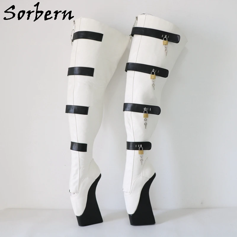 Sorbern Custom Wide Fit Platform Ballet Boots Unisex Crotch Thigh High Lockable Zipper Lace Up Black Straps With Locks