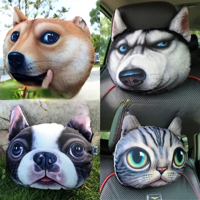 3D kreskówka spersonalizowana kreatywność kot i pies głowa pies rasy Husky psa z samochodami i zwierzętami zagłówek poduszka podróżna pod szyję — zdjęcie 2