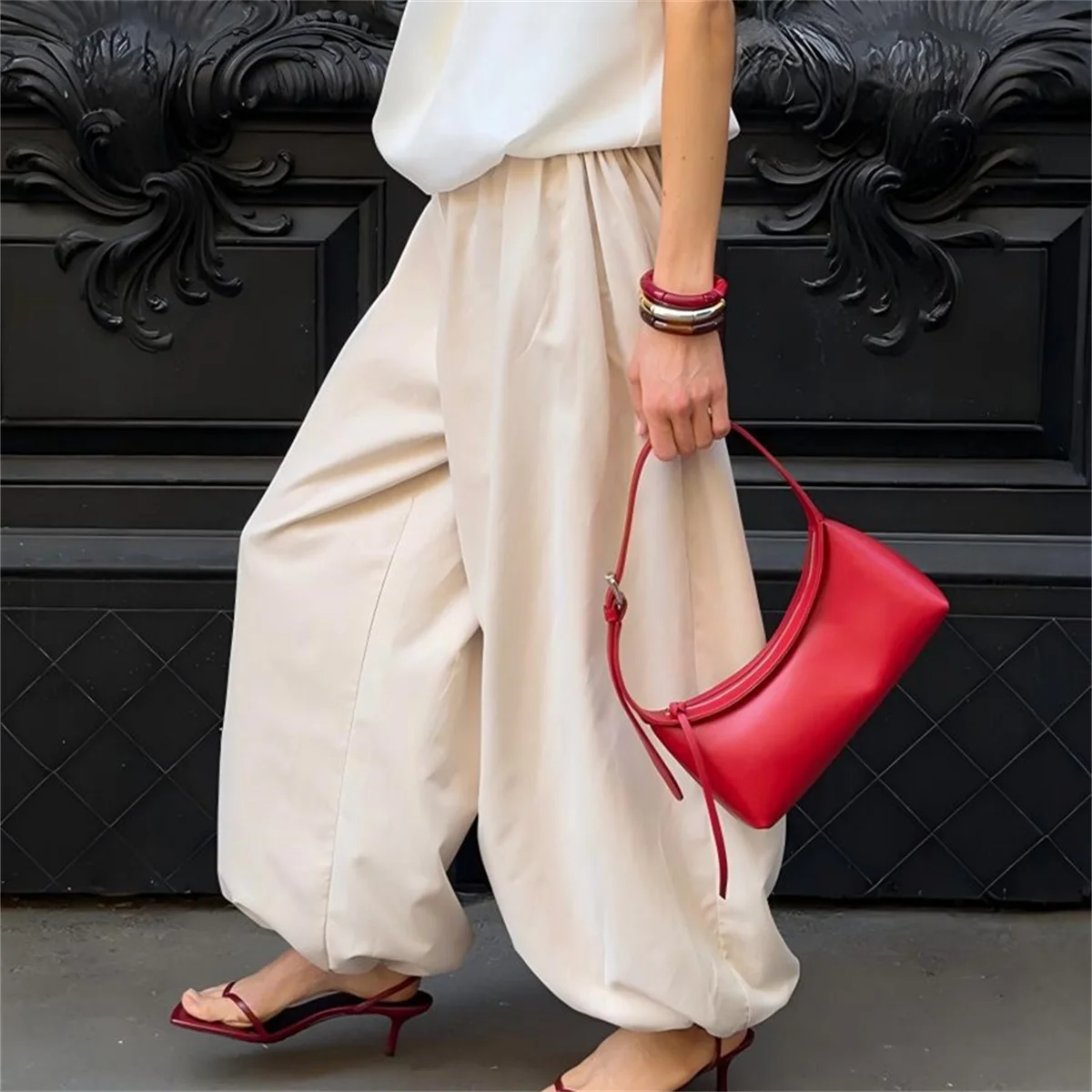 Damen Weite Hosen im Laternen-Stil Streetwear Lässige Patchwork-Hosen Modische Plissierte Hosen mit Taschen Weibliche Freizeithosen