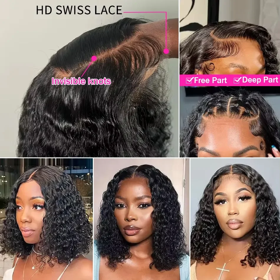 Wig Bob Pendek Keriting Dalam Warna Alami Rambut Manusia Wig Renda Depan untuk Wanita Wig Renda Depan Transparan dengan Rambut Bayi