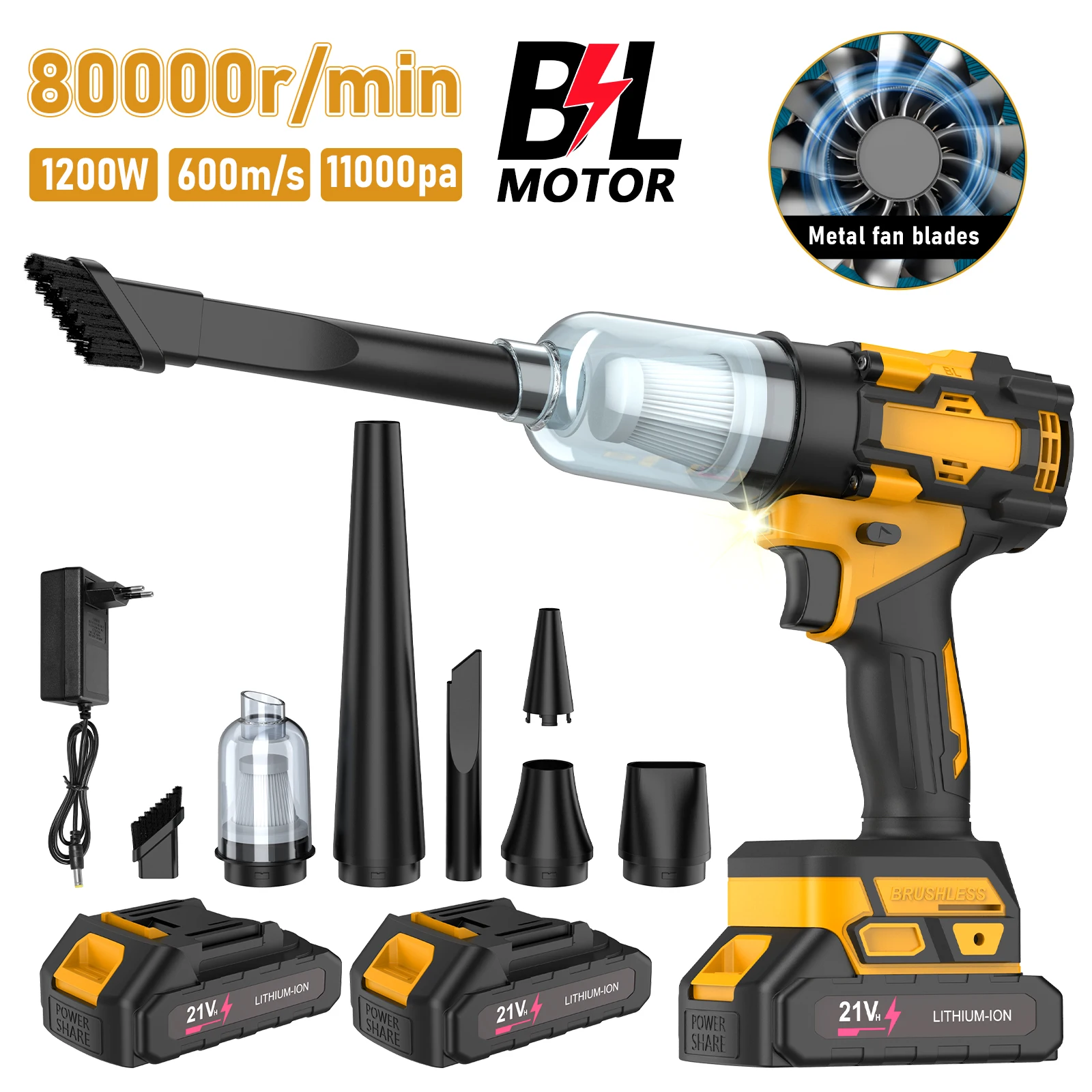 Aspirateur sans fil 2-en-1 sans balais 80000RPM/33000RPM/30000rpm, sèche-cheveux, collecteur de poussière, outil électrique portatif compatible avec les batteries Makita