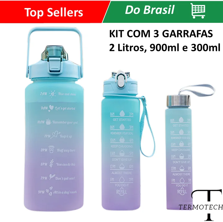 KIT 3 GARRAFAS 2Litros 900ml 300ml Squeeze Fases Motivadoras Adesivos 2D 3D