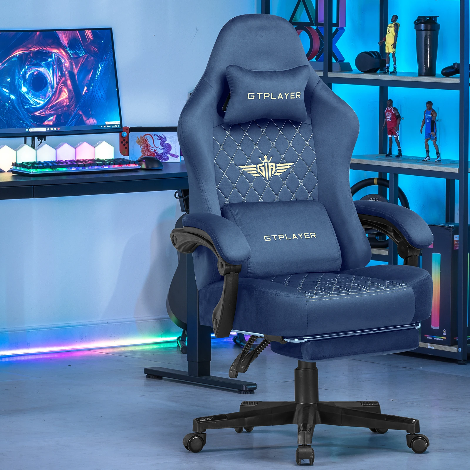 GTPLAYER Gamingstoel van Stof Ergonomisch voor PC met Voetensteun en Verenkussen, 150KG Draagvermogen, Verstelbare en Draaibare Bureaustoel