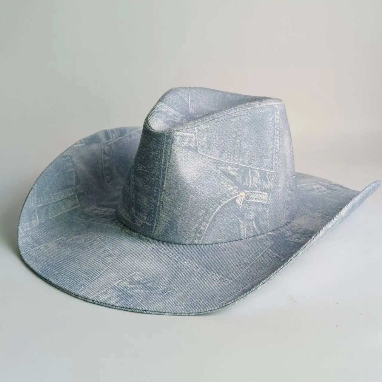 Light Blue Denim Print Western Cowboy Hat for Women Men Retro Wide Brim Cowgirl Hat Vintage Fashion Sun Hat for Festival Vacatio