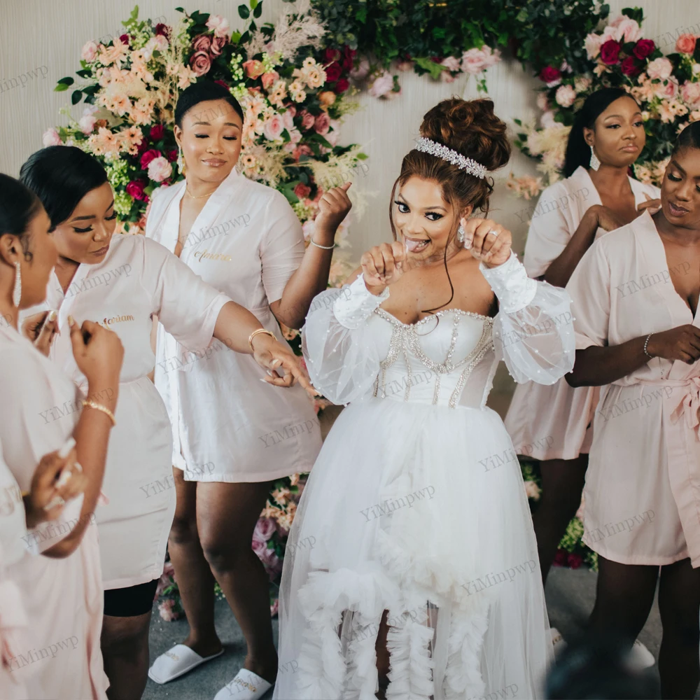 Sweetheart Bride Robes for Weddings Off Shoulder Puff Sleeve Side Split Sweep Train Ruched Beaded Bride to Be Reception Dress