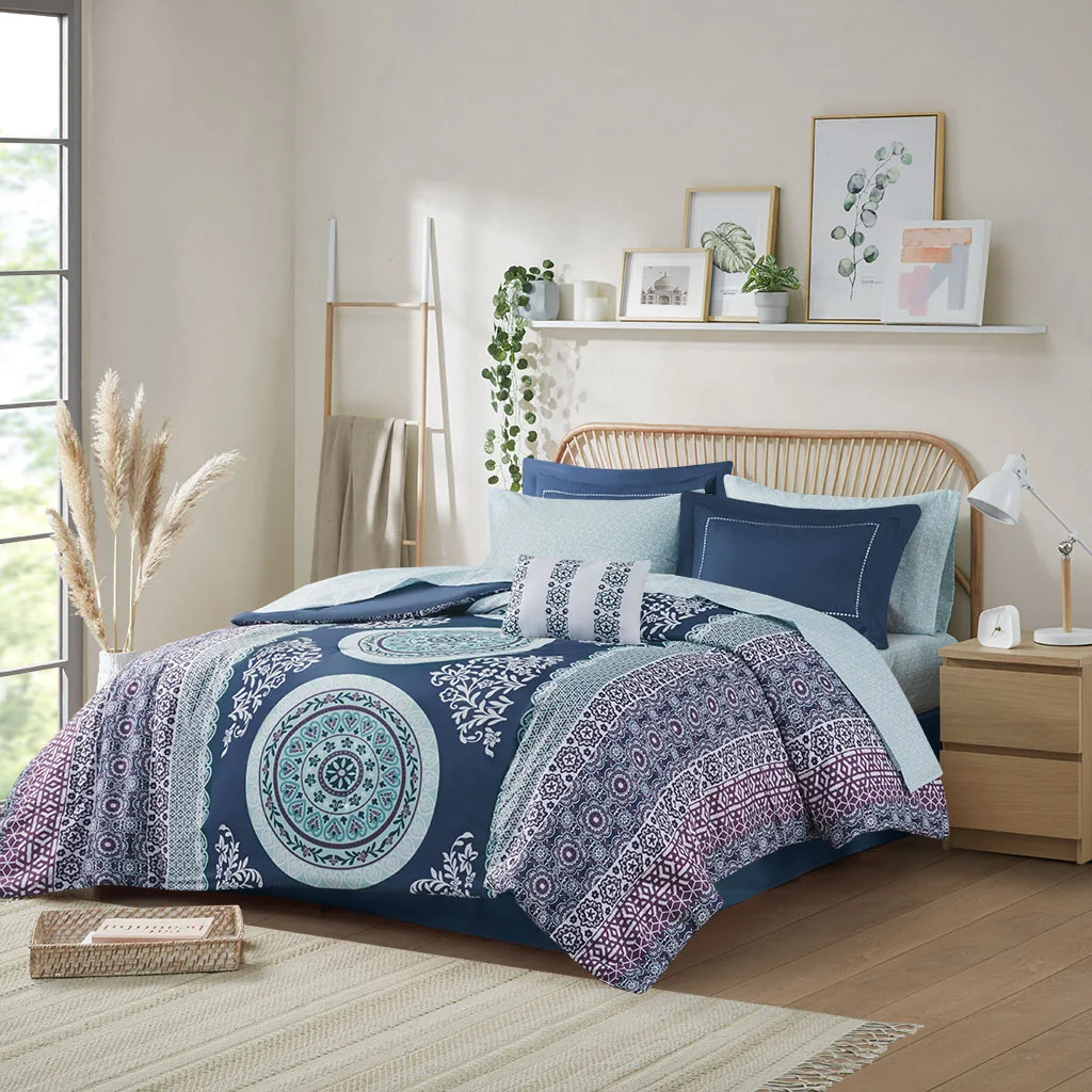 

Queen Boho Comforter Set with Bed Sheets (Navy + Polyester + Queen)"