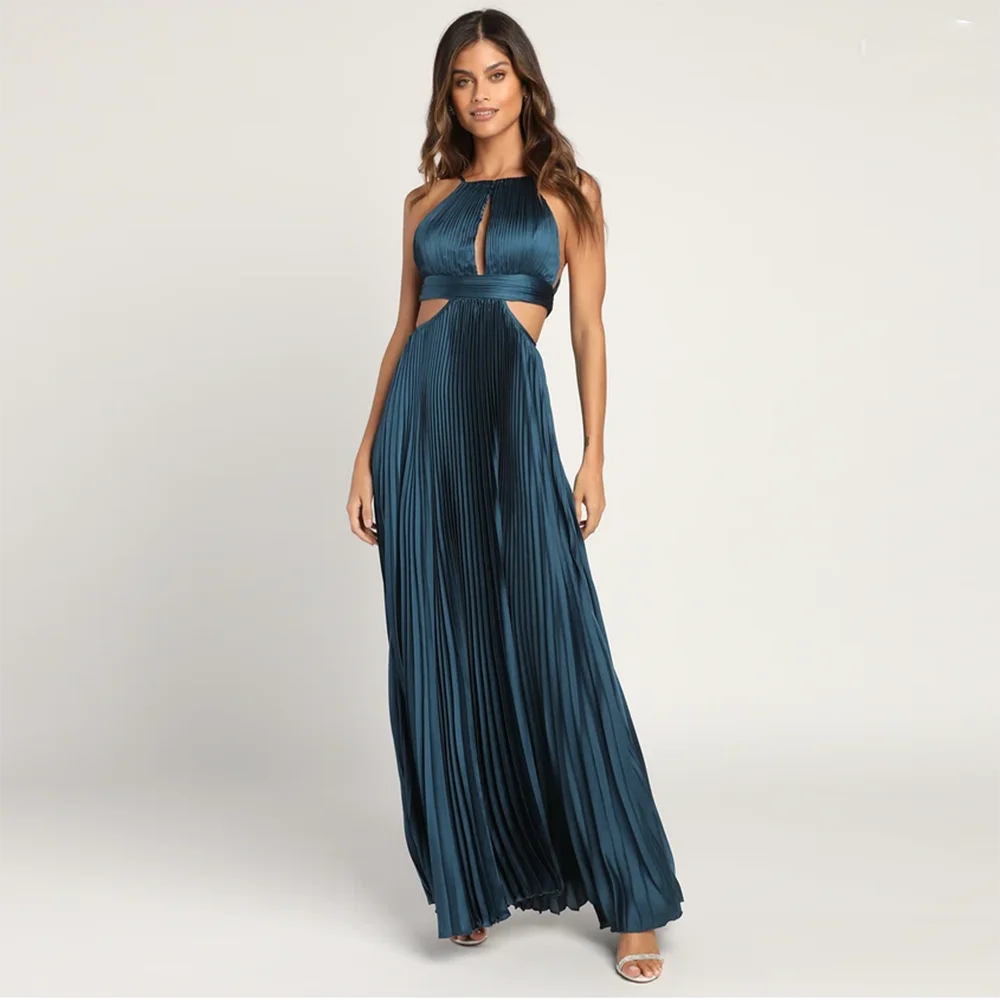 

Sexy Teal Long Evening Dresses Satin Pleated Halter Hollow Out A Line Ankle Length Backless Formal Prom Party Gowns Customze