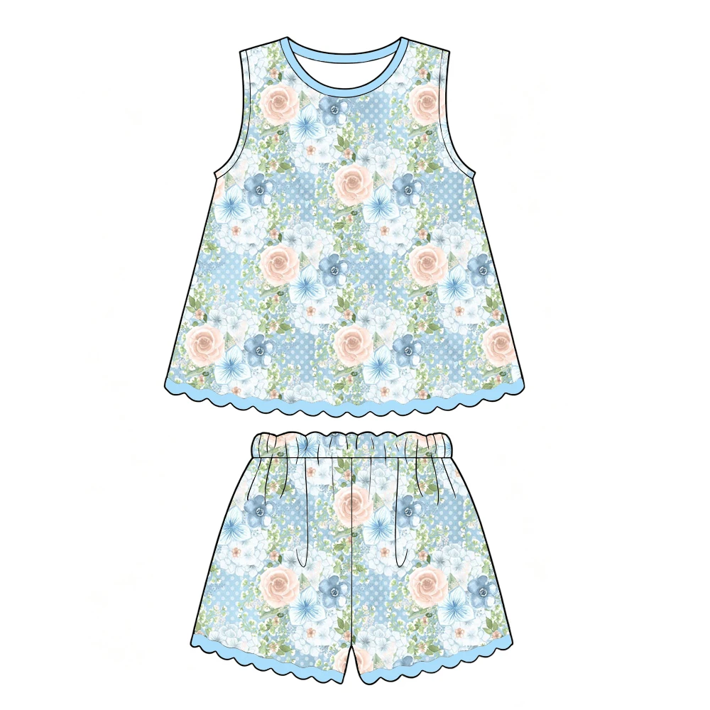 Boutique hot-selling girls' outfit Sleeveless dress paired with shorts set flower print custom wholesale