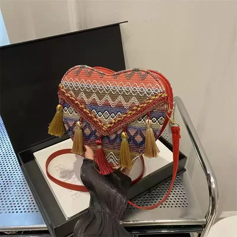 Valentine's Day Heart Shaped Boho Ethnic Woven Crossbody Bag Boho Tassel Fringe Retro Orange Brown Shoulder Purse Women.