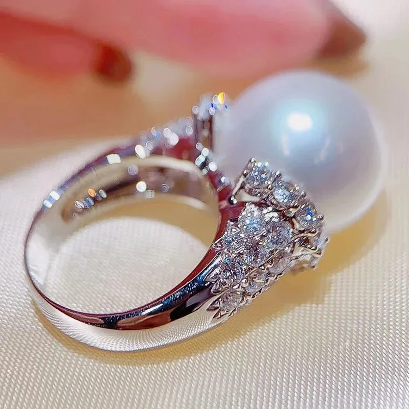 Modne białe duże perłowe pierścionki z cyrkoniami dla kobiet Wspaniałe zaręczynowe obrączki ślubne 925 Sterling Silver Akcesoria Biżuteria — zdjęcie 2